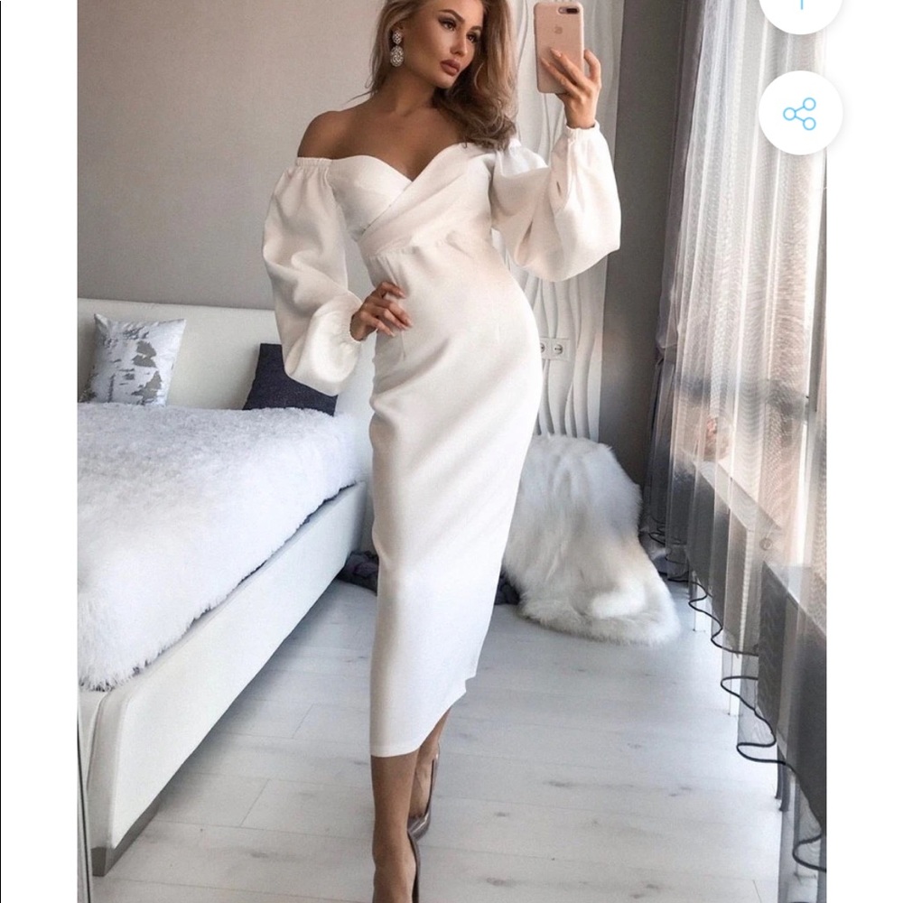 White Puff-Sleeve Midi Dress